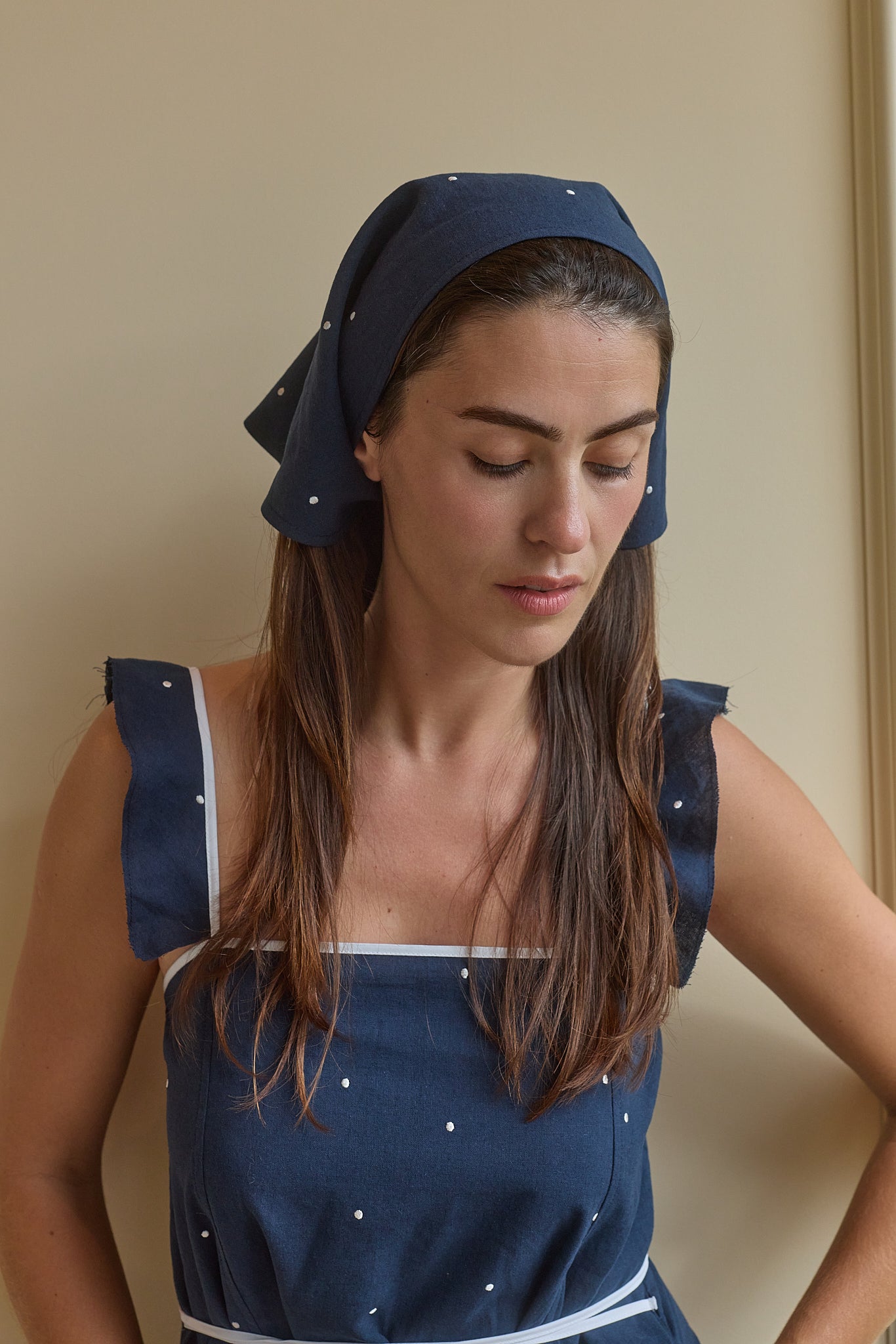 LINEN EMBROIDERED HEAD SCARF - MIDNIGHT DOT