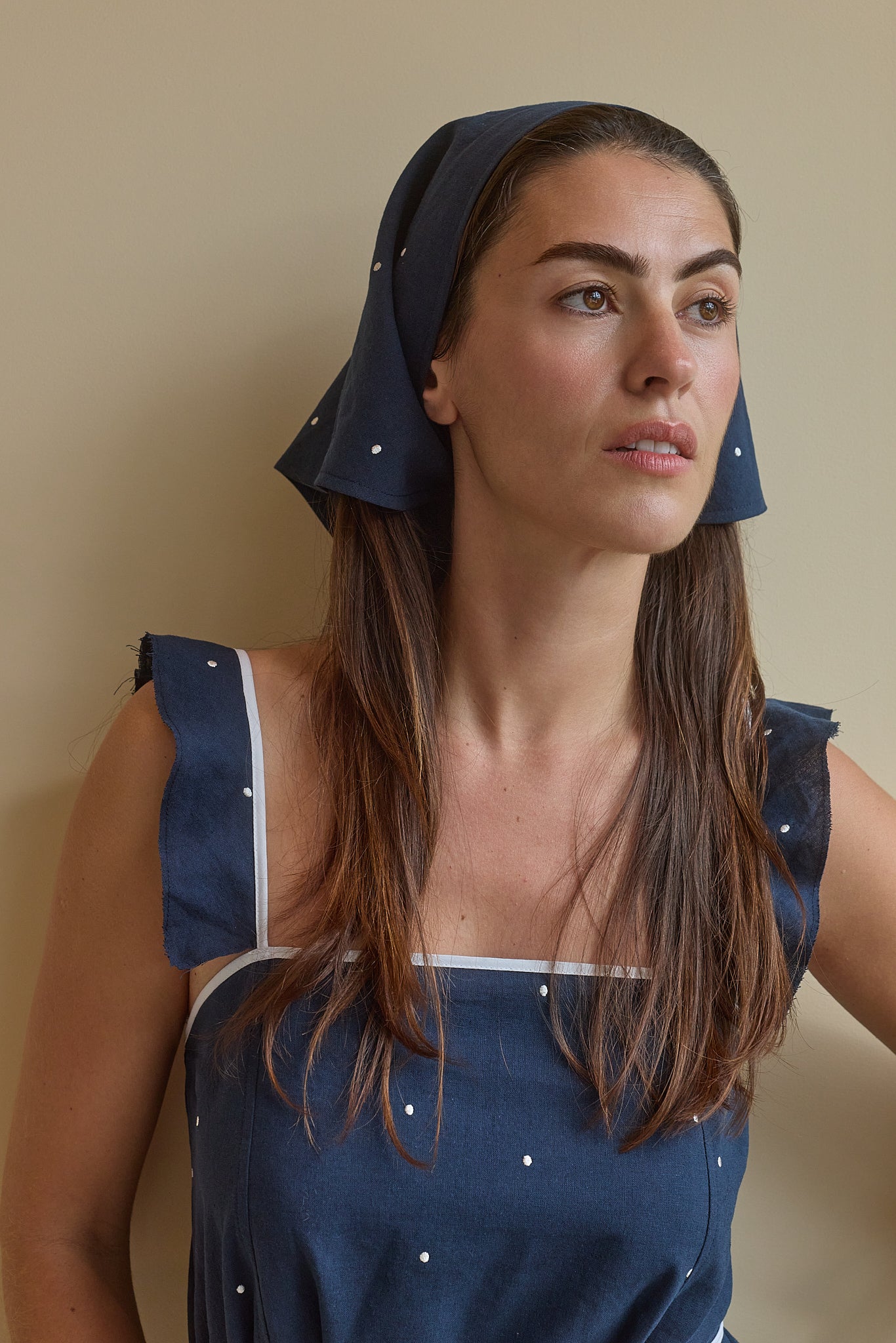 LINEN EMBROIDERED HEAD SCARF - MIDNIGHT DOT
